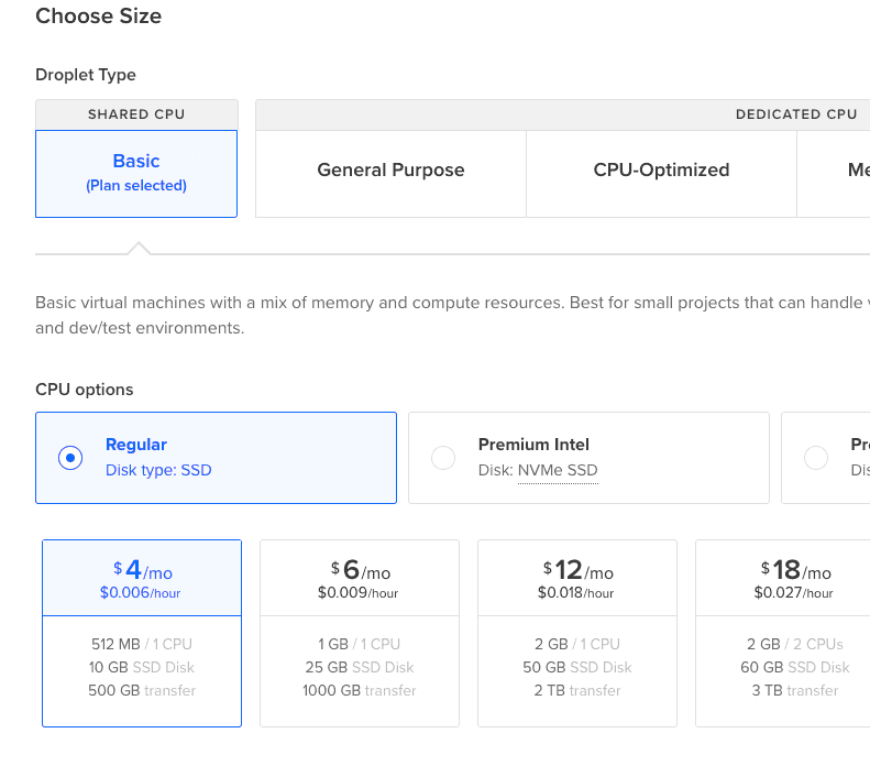 select vps size digitalocean